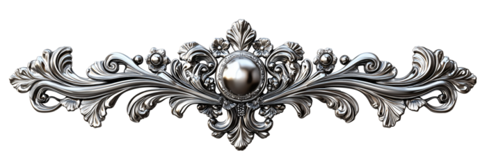 Elegant silver decorative pattern with intricate floral and leaf motifs, featuring central pearl like element, perfect for embellishing classic designs