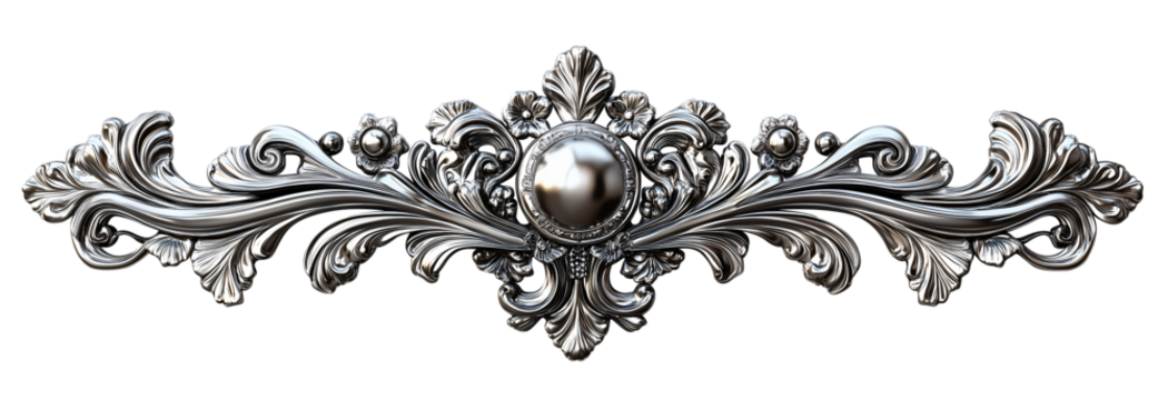 Elegant silver decorative pattern with intricate floral and leaf motifs, featuring central pearl like element, perfect for embellishing classic designs