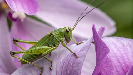 Green Grasshopper on a Pink Flower: A vibrant green grasshopper with intricate details and long antennae perches gracefully on a delicate pink flower.
