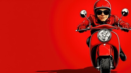 Naklejka premium Red scooter rider, vibrant background, dynamic action, visual illustration, graphic design