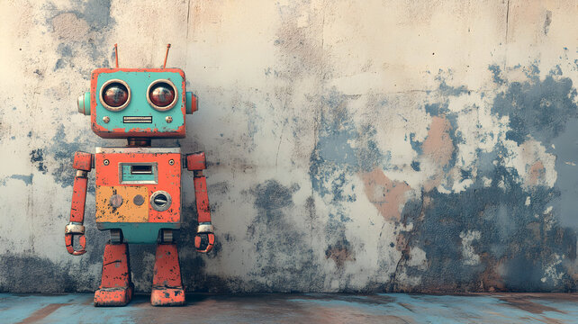 un muro de cemento o concreto desgastado desvanecido con espacio de copia con un robot futurista colorido infantil creatividad del futuro