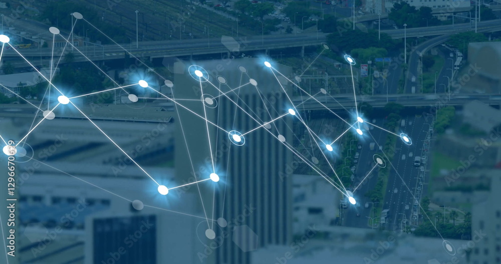 Poster image of network of connections and data processing over cityscape