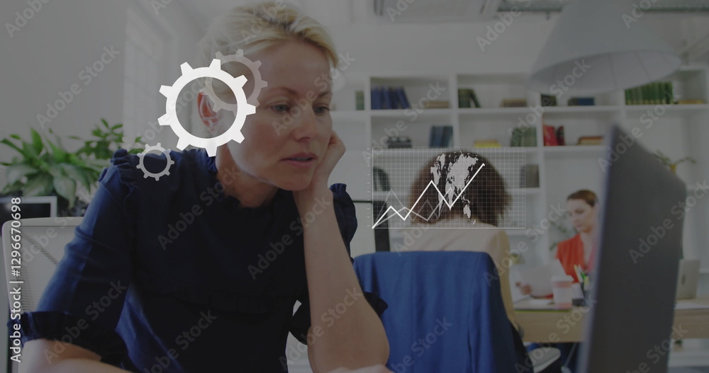 Aufkleber image of data processing with business icons over diverse colleagues working in office