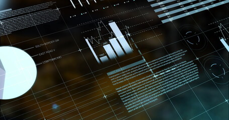 Image of financial data processing on blurred background