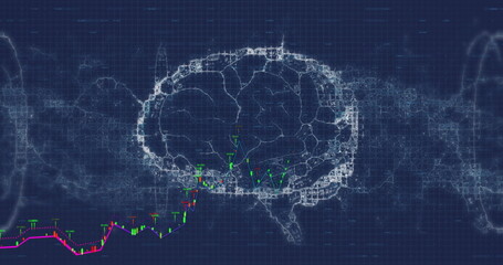 Image of data processing over digital brain on black background