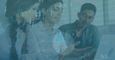 Image of financial data processing over diverse business people in office