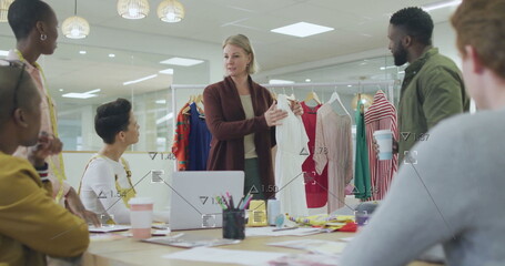 Image of financial data processing over diverse business people in office