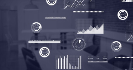 Image of data processing and cityscape over office