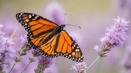 Naklejka premium Monarch Butterfly on Lavender: A stunning monarch butterfly with vibrant orange and black wings delicately perched on a lavender flower, capturing the essence of spring and the beauty of nature.