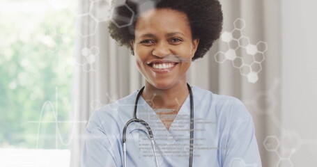 Image of data processing and chemical formula over biracial female doctor smiling