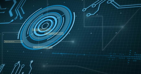 Image of circuit board and data processing over dark background