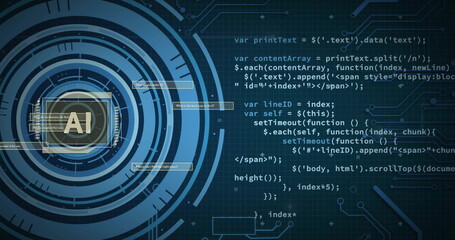 Image of ai text and data processing over dark background