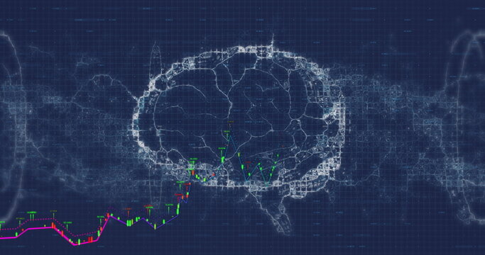 Image of data processing over digital brain on black background