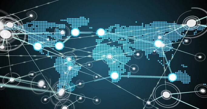 Image of network of connections and data processing over world map - Powered by Adobe
