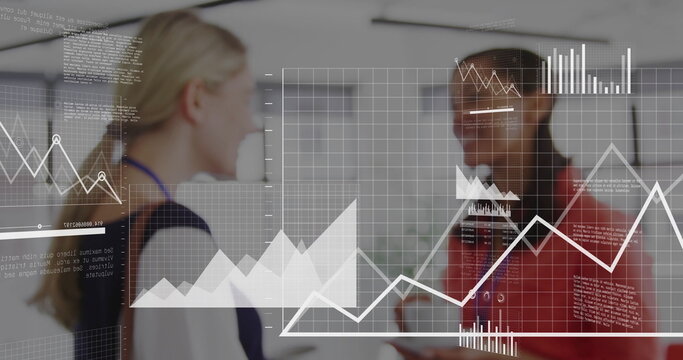 Image of data processing with business icons over diverse colleagues discussing work in office