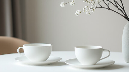 Fototapeta premium Minimalist white teacups on saucers with flower vase