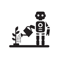 Robot Watering Plant Icon Vector Art | Automated Gardening & Technology Illustration