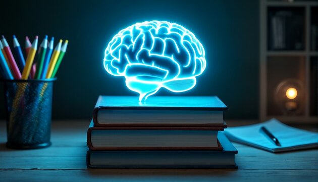 A neon-lit blue brain floating above a stack of books on a desk at night.