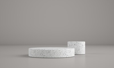 Terrazzo podiums stone texture on a neutral gray background, Round platform for product display, Branding and presentations, Perfect for commercial photography, advertising. 3D renderings