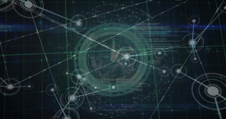 Image of scope, connections and digital data processing over dark background