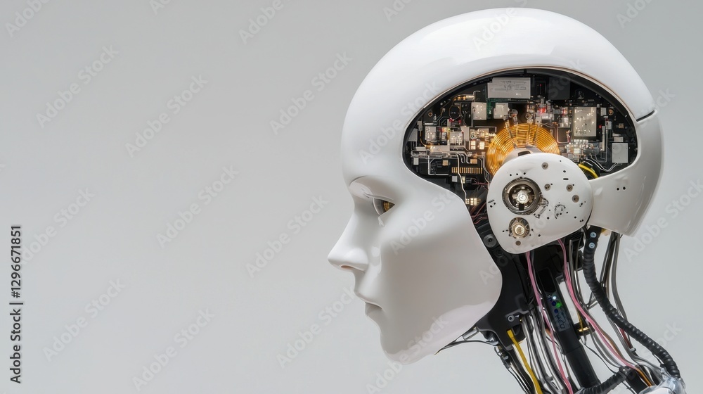 Aufkleber futuristic humanoid robot head with intricate inner mechanics and circuit boards, showcasing technol
