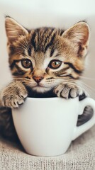 Espresso cup near a playful kitten, charming rustic textures, inviting warm tones