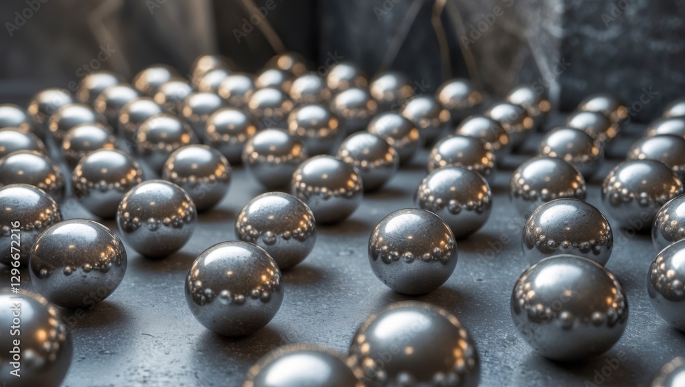 Aufkleber close-up view of numerous shiny silver spheres on a textured dark surface, creating an atmospheric a