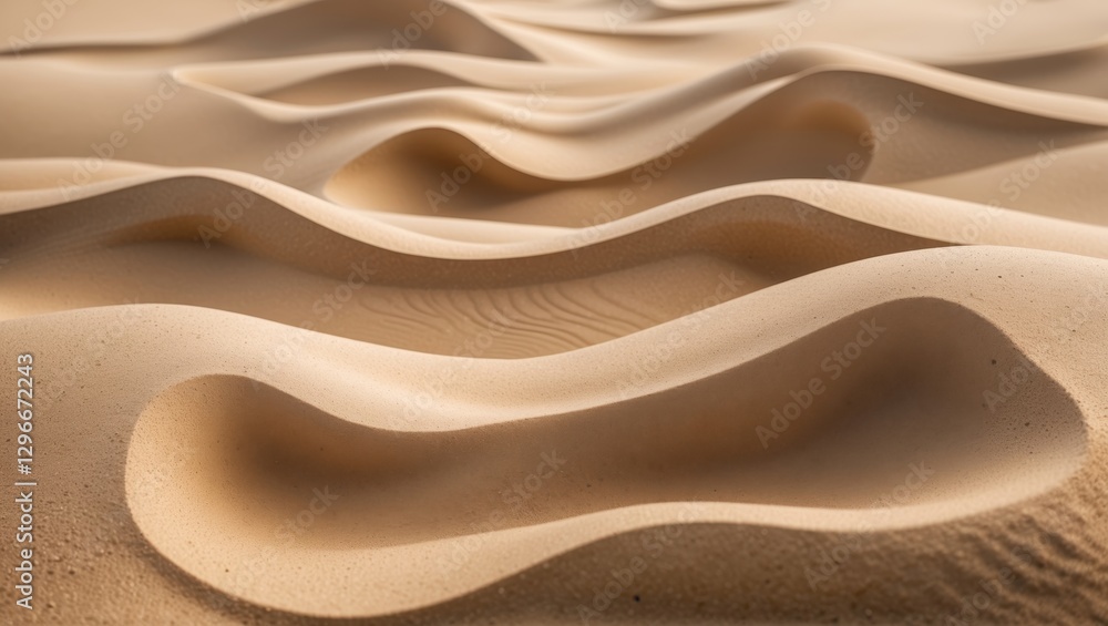 Poster a close-up view of undulating sand dunes in a desert landscape, showcasing intricate patterns and te
