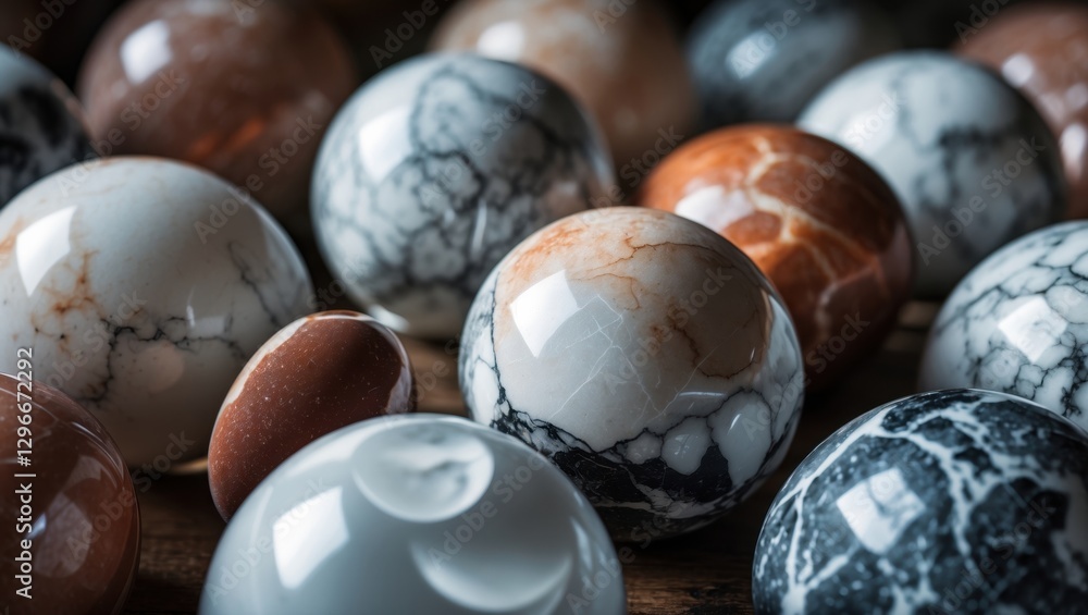 Poster a collection of intricately designed marble spheres in varying colors and textures displayed on a wo
