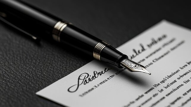 Elegant fountain pen poised over crisp stationery with intricate calligraphy on dark textured background showcasing classic writing tools and craftsmanship.