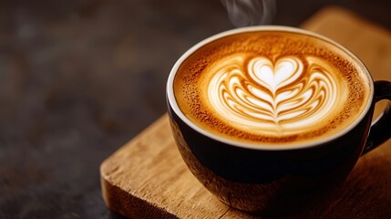 Aesthetic Close-Up of a Coffee Cup with Beautiful Latte Art on a Wooden Coaster in a Cozy Cafe Environment