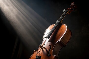 Fototapeta premium A dramatic and artistic close-up image of a cello against a dark background. The image focuses on the curves and details of the cello, particularly the body and the f-holes