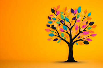 Colorful Paper Tree with Bright Leaves on Vibrant Yellow Background