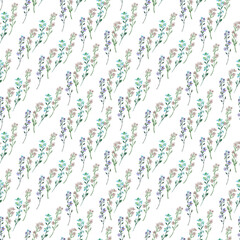 Watercolor seamless pattern with red flower, pansies and green meadow plants