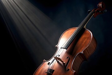 Fototapeta premium A dramatic and artistic close-up image of a cello against a dark background. The image focuses on the curves and details of the cello, particularly the body and the f-holes