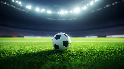 Naklejka premium A soccer ball resting on freshly cut grass in a stadium, with dramatic lighting