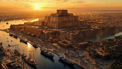 Mesopotamian Ziggurat at Sunset: A Majestic Ancient Landscape