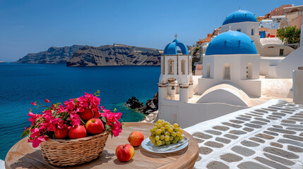Scenic view of Greece Islands, featuring whitewashed buildings, blue-domed churches, vibrant flowers, and breathtaking sea views under a clear blue sky