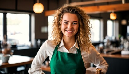 A young woman with curly blonde hair and a green apron is standing in a coffee shop.