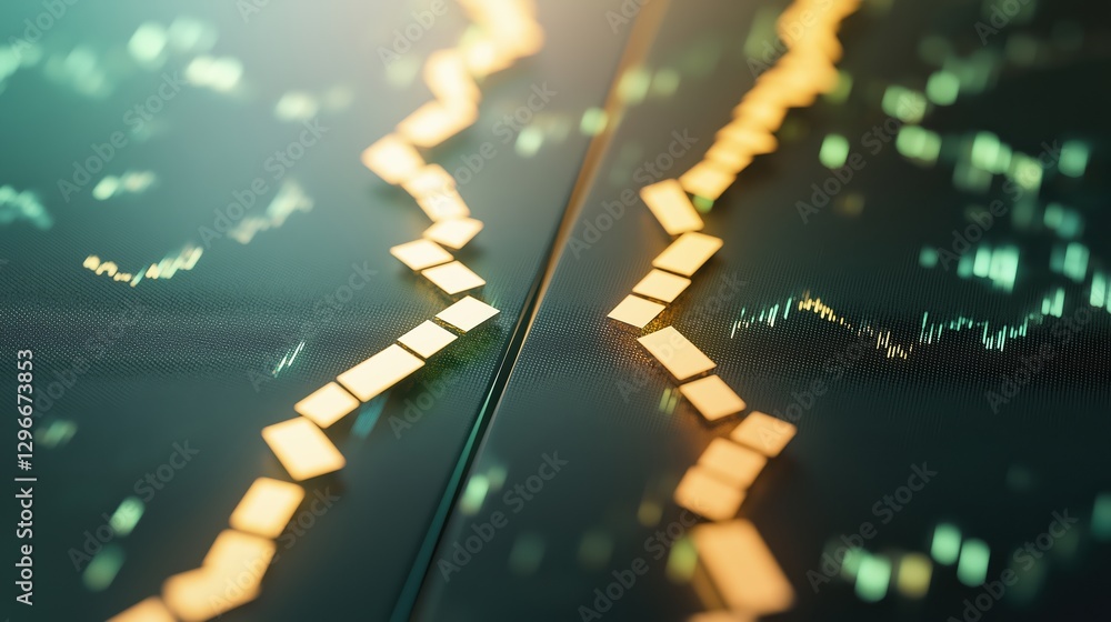 Poster glowing stock market graph splitting into two with data points and trend indicators