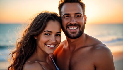 Obraz premium A young woman with long brown hair is posing for a photo on the beach with two shirtless men.