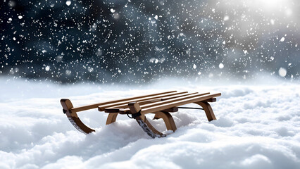 A sled buried halfway in the snow, with snowflakes falling
