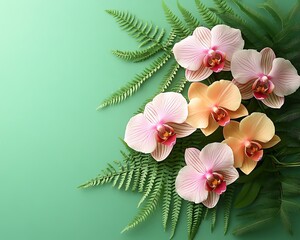 Orchids, ferns, green background, floral arrangement, design