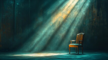 Mysterious chair illuminated by rays of light abandoned room artistic photography dark environment dramatic perspective