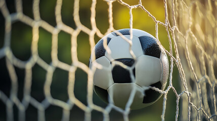 Soccer Ball Caught in Goal Net with Blurred Background