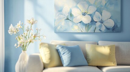 Living room serenity floral artwork and cozy couch in bright airy space inviting atmosphere