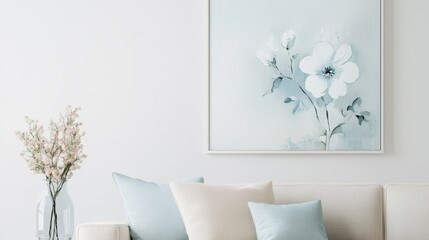 Elegant floral art display on modern couch in minimalist living room tranquil atmosphere aesthetic view