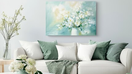 Beautiful floral painting above cozy white sofa in modern living room bright and airy home environment