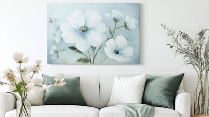 Elegant white floral painting above cozy couch in modern living room bright and inviting home decor