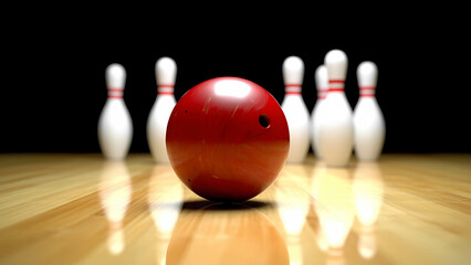 A bowling ball mid-roll, just about to strike a set of pins